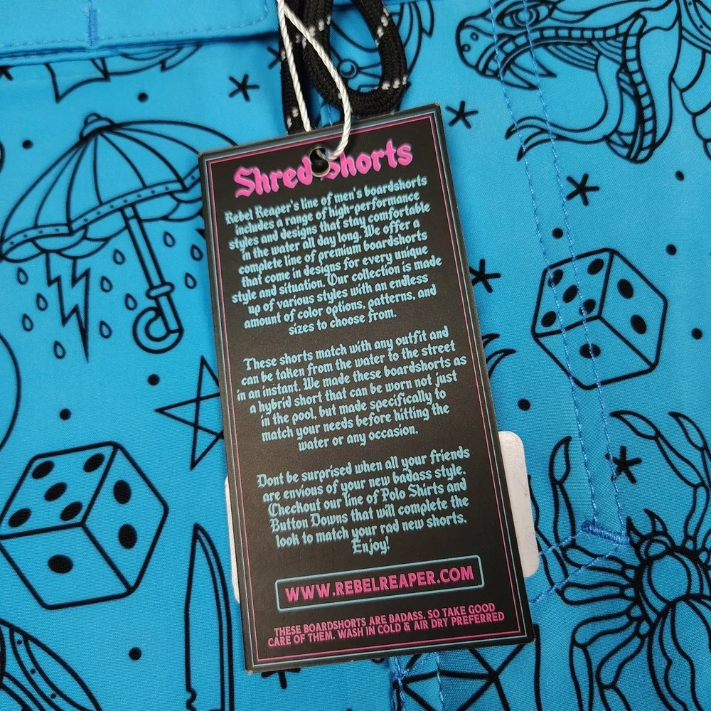 Rebel Reaper Boardshorts Swim Trunks Men 2XL Blue Tattoo Print Skull Biker New